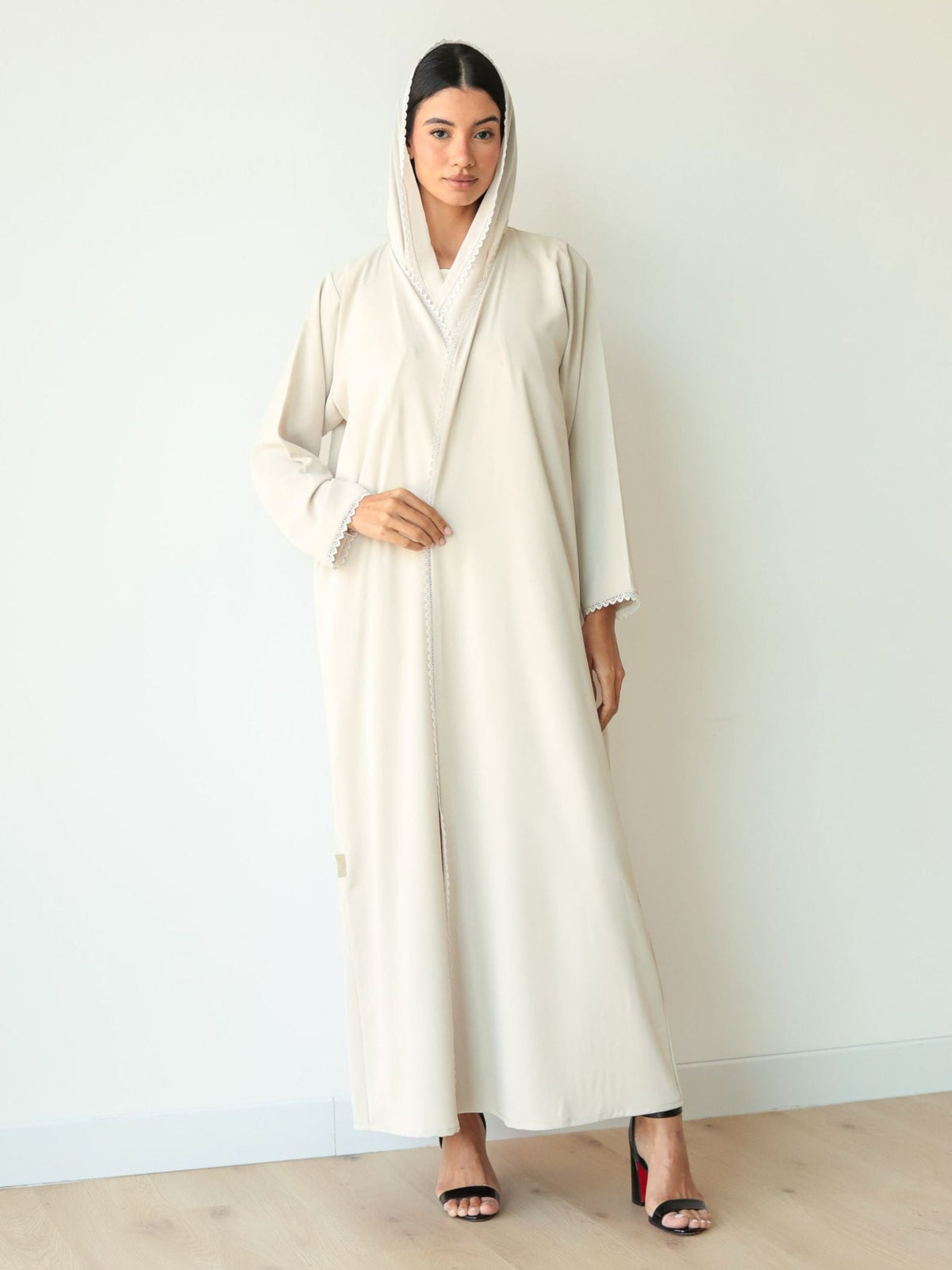 Basic Flowy Lace (Light Beige Abaya) - BasicAbaya