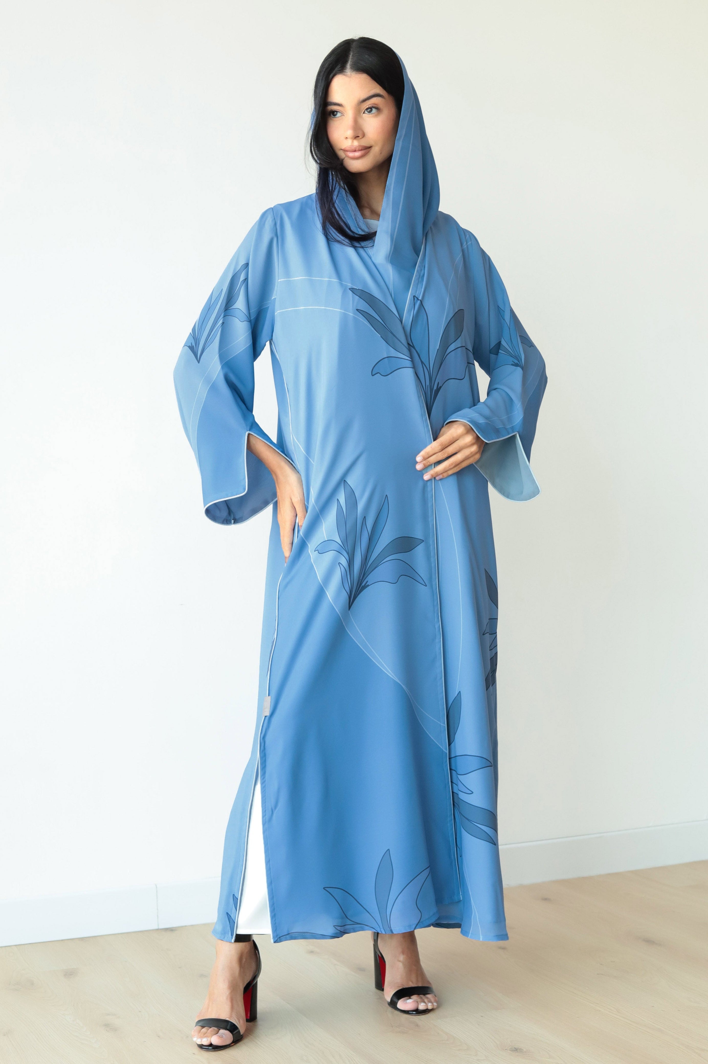 Basic Floral Piping (Pastel Blue Abaya) - BasicAbaya