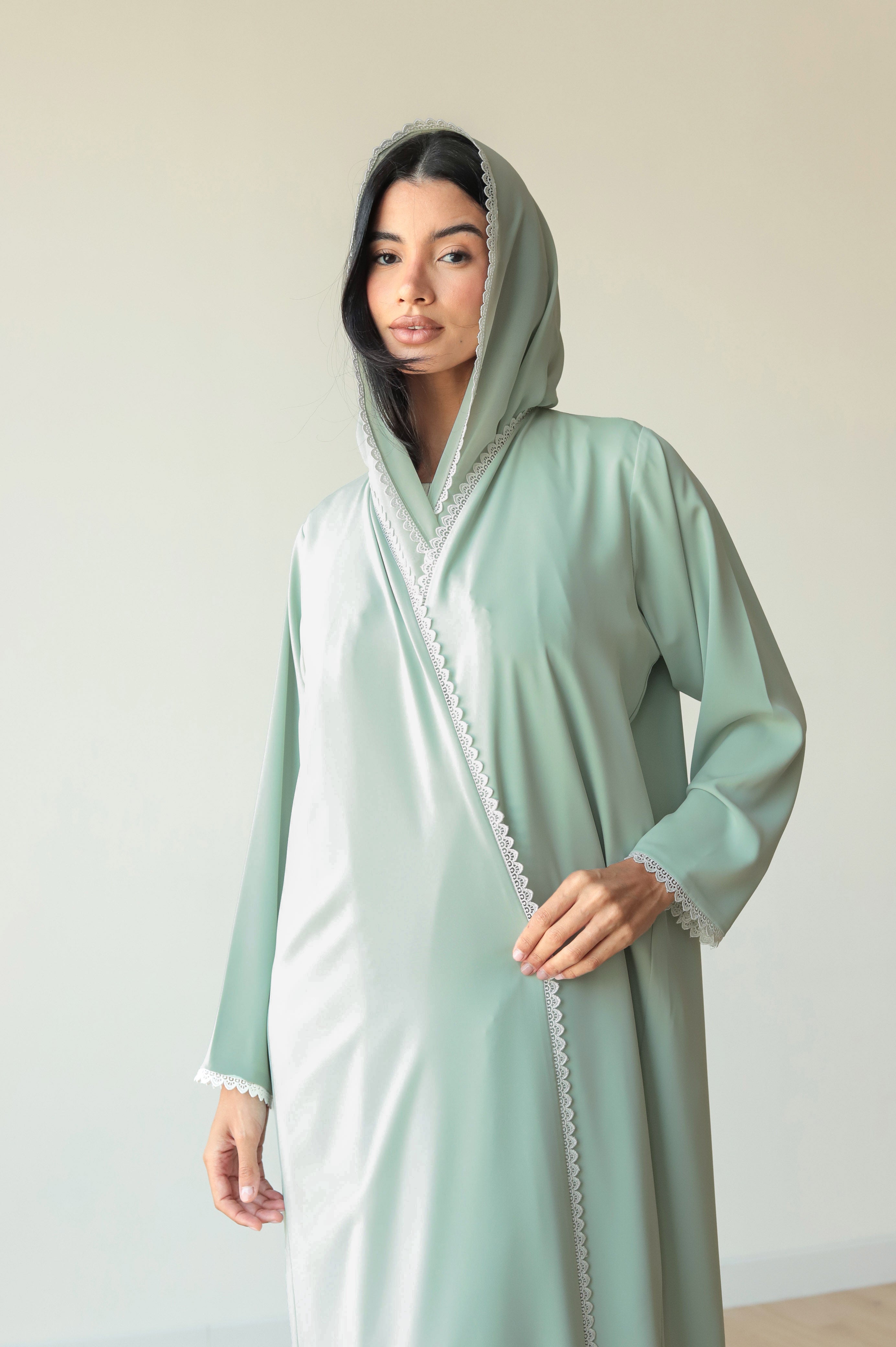 Basic Flowy Lace (Green Abaya) - BasicAbaya