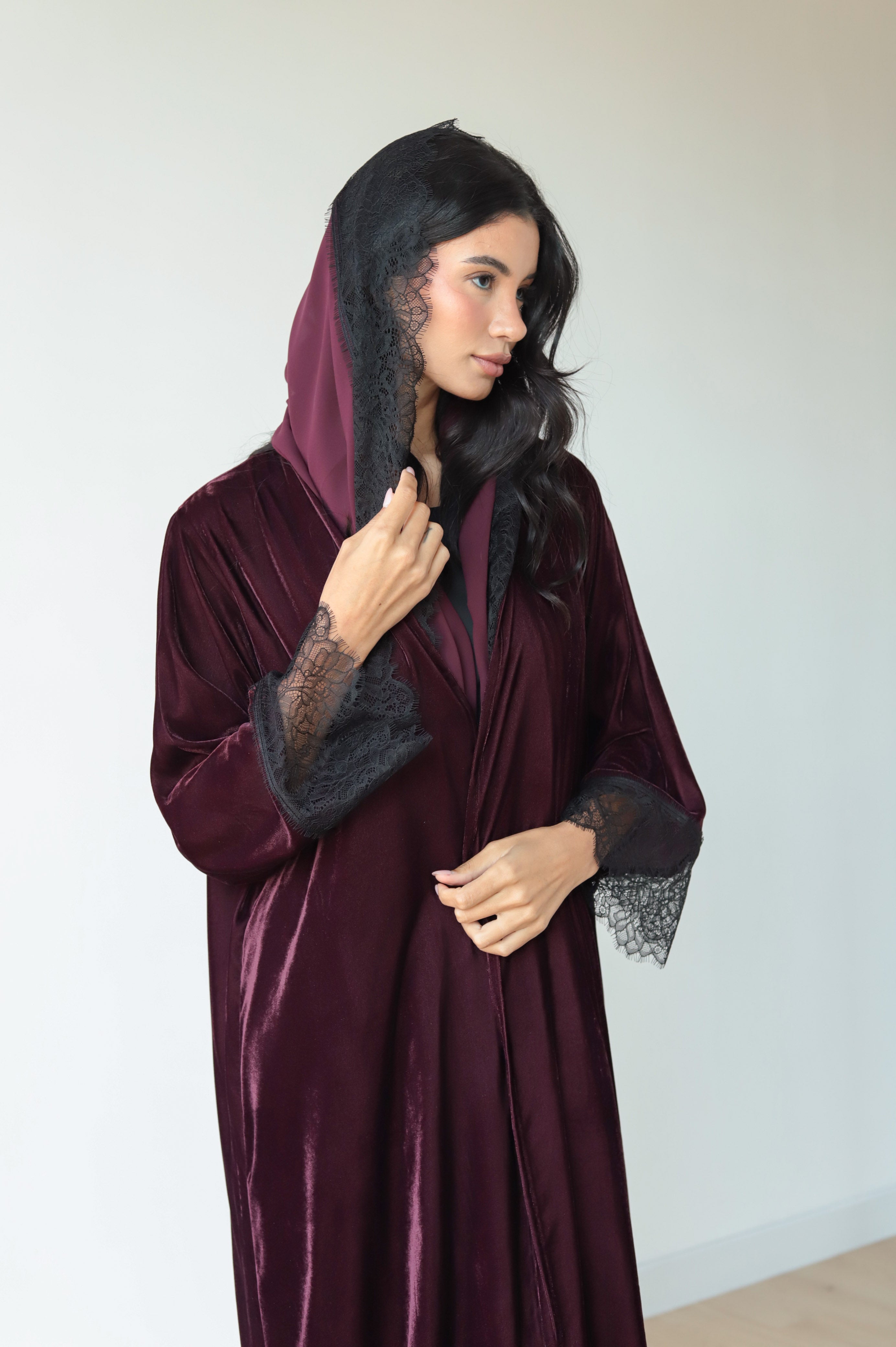 Basic Velvet Lace (Wine Abaya)