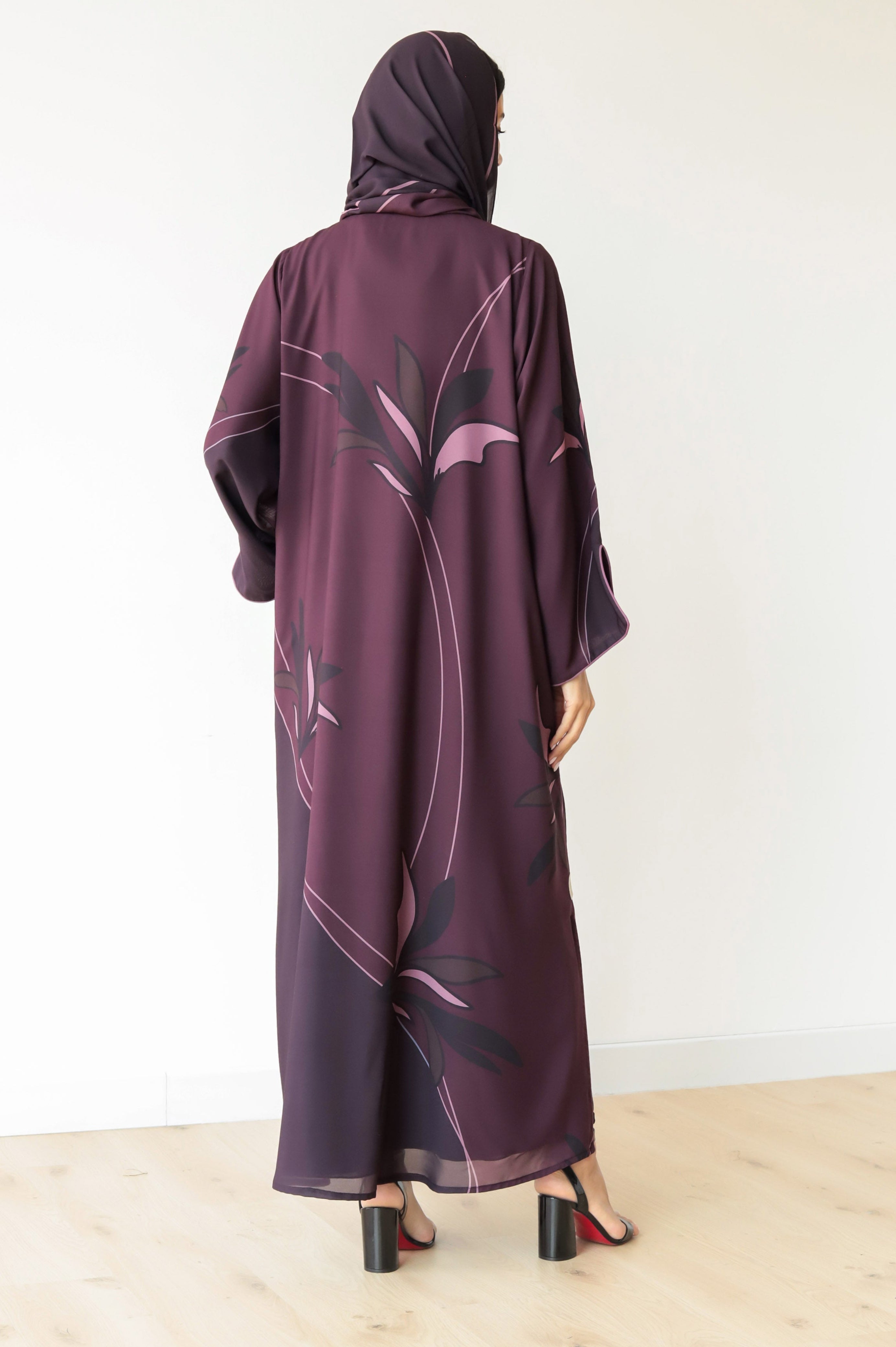 Basic Floral Piping ( Maroon Abaya) - BasicAbaya