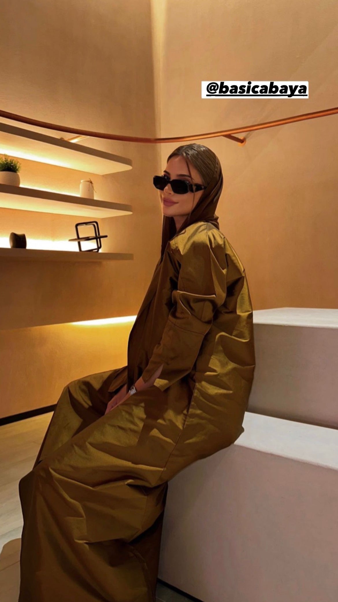 Women Wearing Stylish Brown Taffeta Abaya with sunglasses By Basic Abaya Dubai