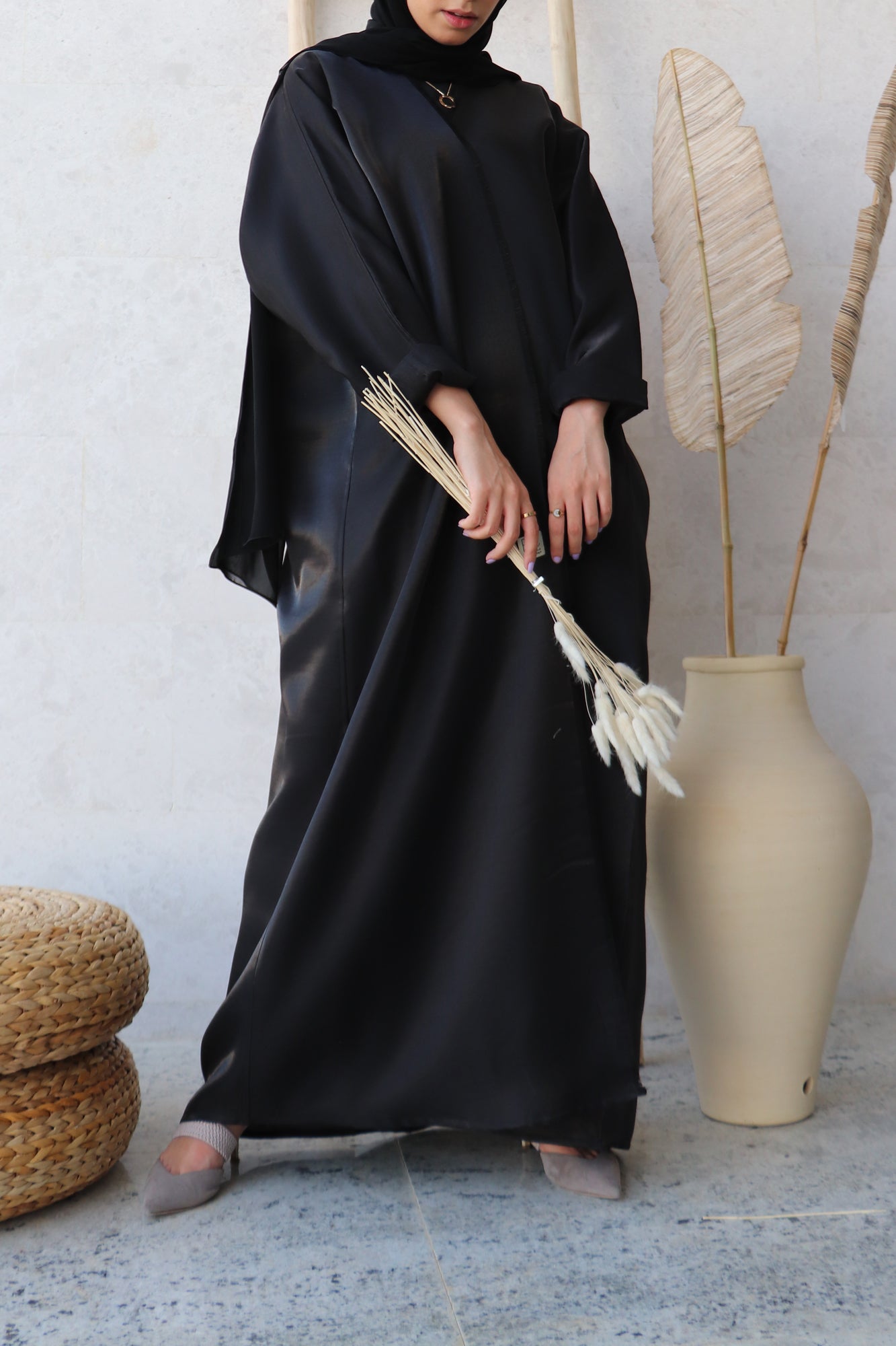 Basic 02 Two Black Shimmer mix linen Abaya Front look by Basic Abaya Dubai
