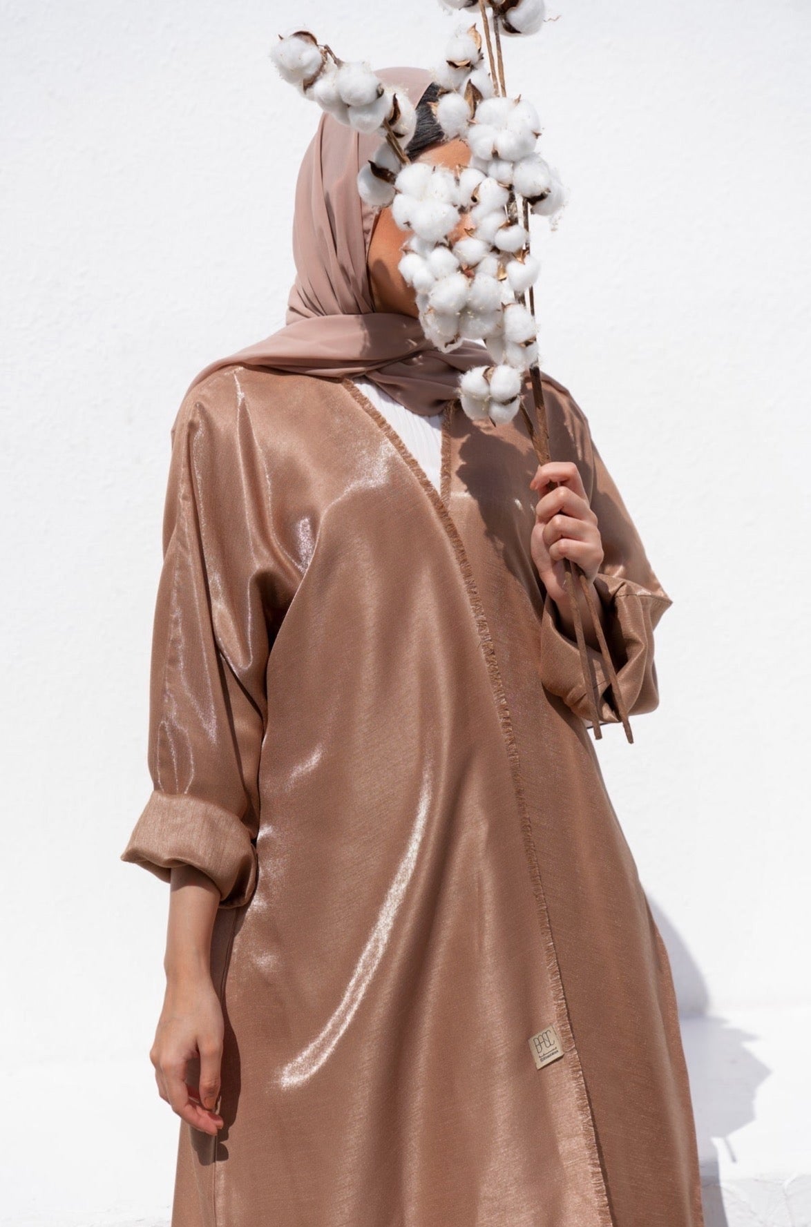 Basic 02 Two Camel Shimmer mix linen Abaya Front Look By Basic Abaya Dubai