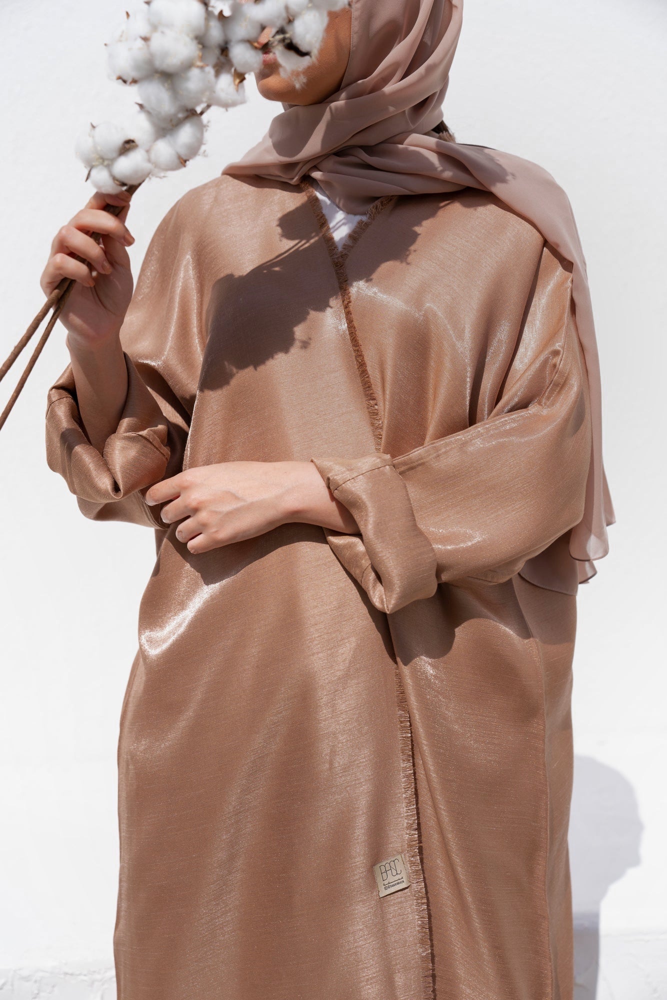 Basic 02 Two Camel Shimmer mix linen Abaya close Front Look By Basic Abaya Dubai