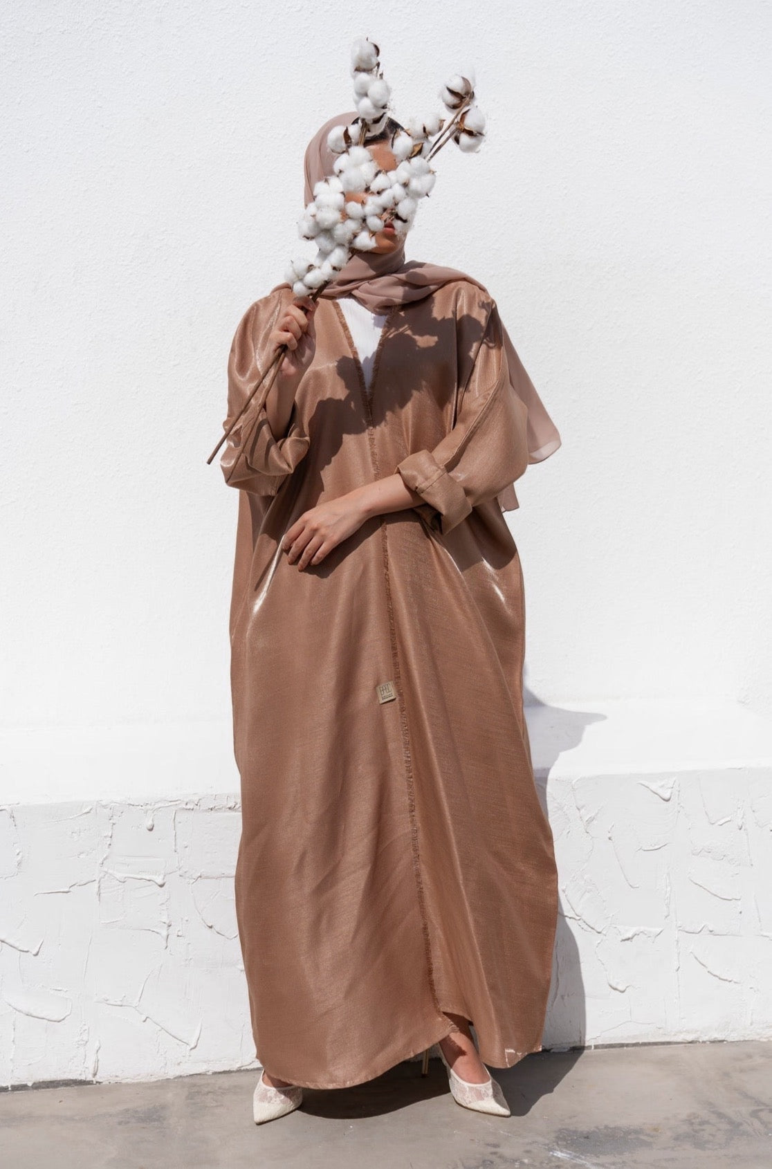 Basic 02 Two Camel Shimmer mix linen Abaya complete Look By Basic Abaya Dubai