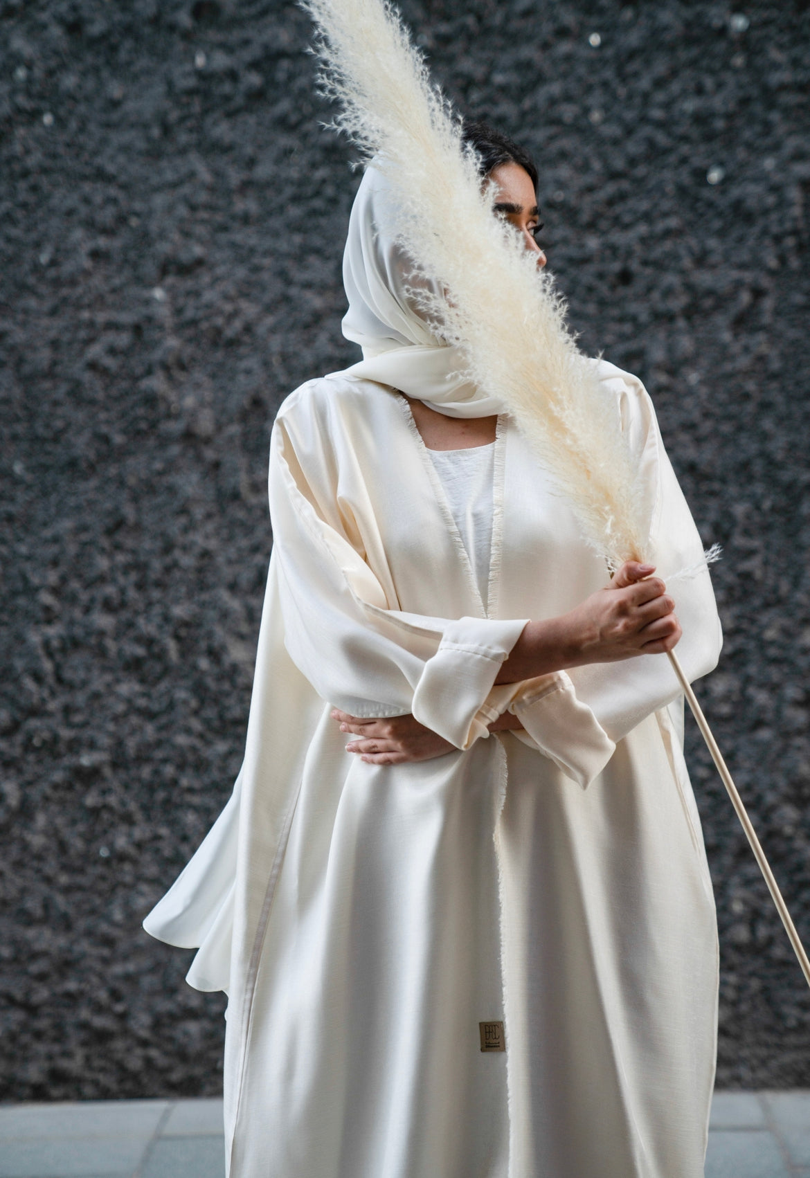 Basic 02 Two Off White Shimmer mix linen Abaya Front look By Basic Abaya dubai