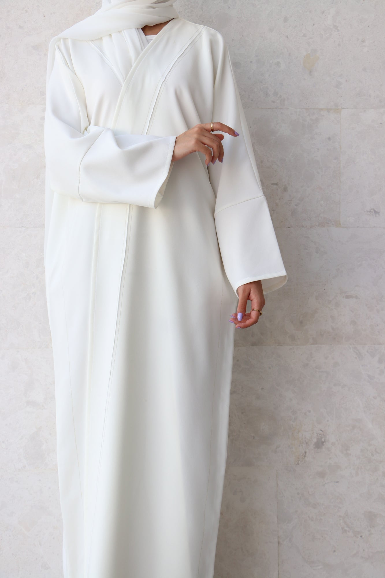Basic 05 Five White Crepe Abaya design look 2 by BASIC ABAYA DUBAI
