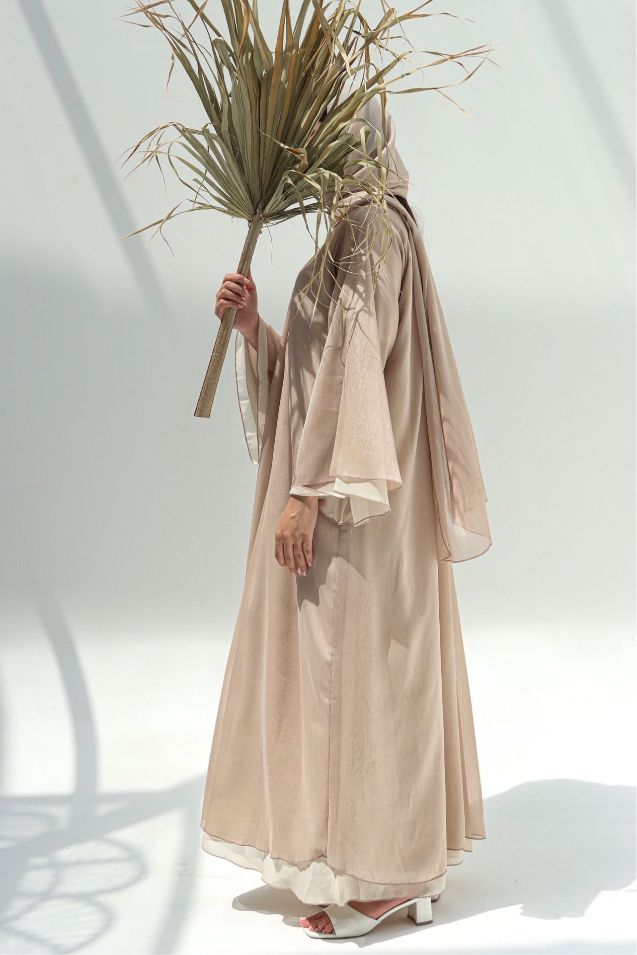 Basic 10 Ten beige Abaya design look 3 by BASIC ABAYA DUBAI