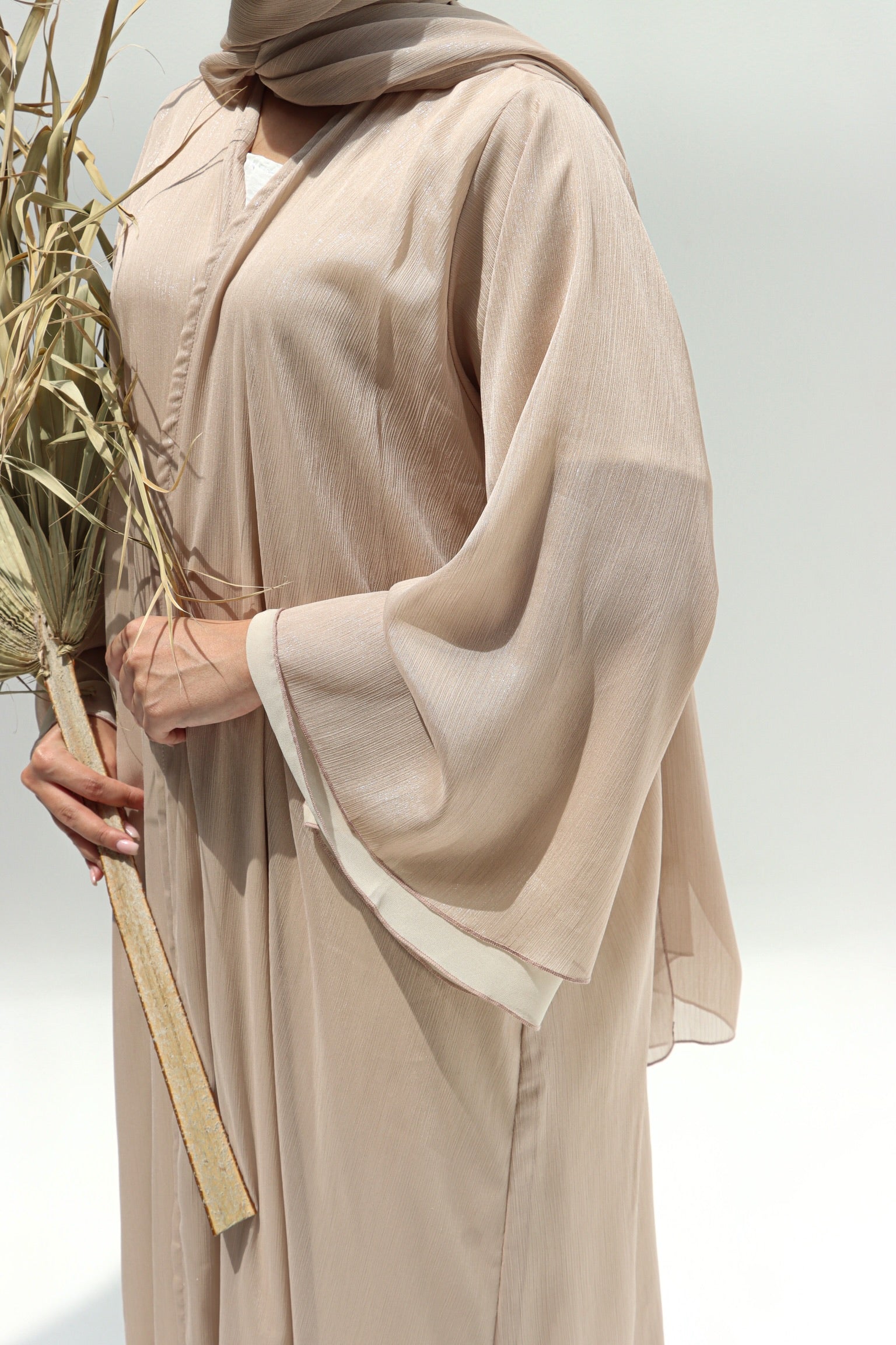 Basic 10 Ten beige Abaya design look 4 by BASIC ABAYA DUBAI