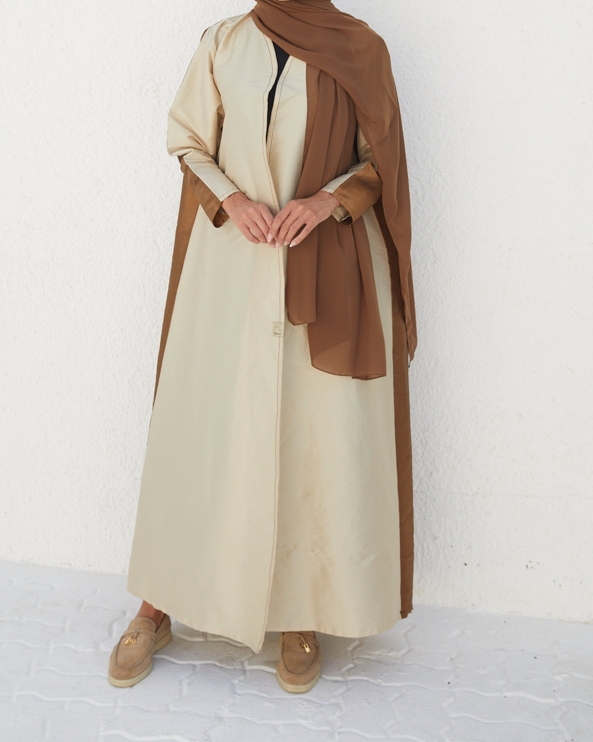 Basic 12 Twelve beige Abaya look 1 from the LATEST ONLINE DUBAI ABAYAS COLLECTION