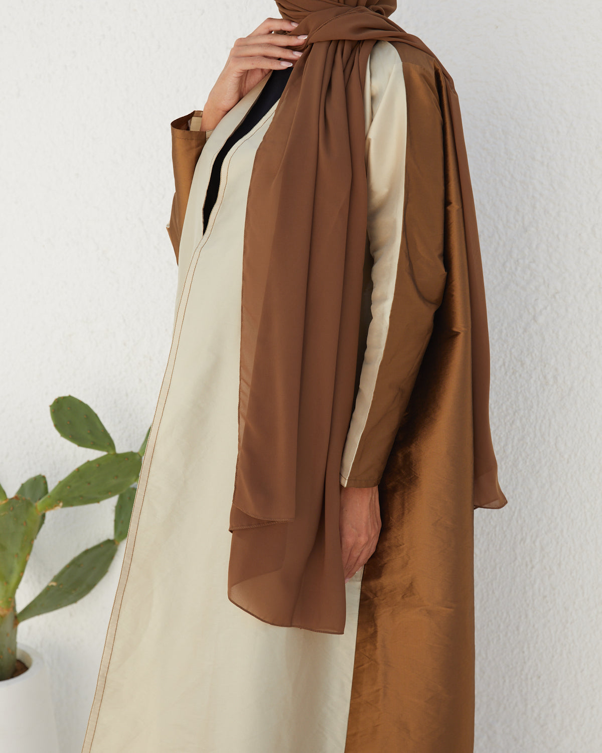 Basic 12 Twelve beige Abaya look 2 from the LATEST ONLINE DUBAI ABAYAS COLLECTION