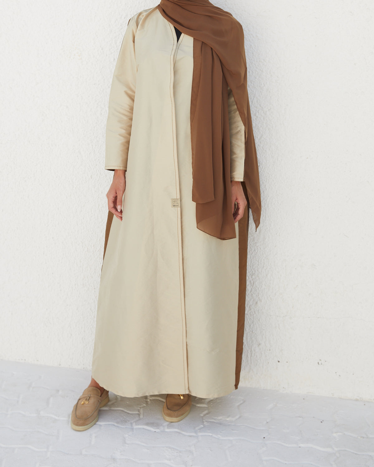 Basic 12 Twelve beige Abaya look 3 from the LATEST ONLINE DUBAI ABAYAS COLLECTION