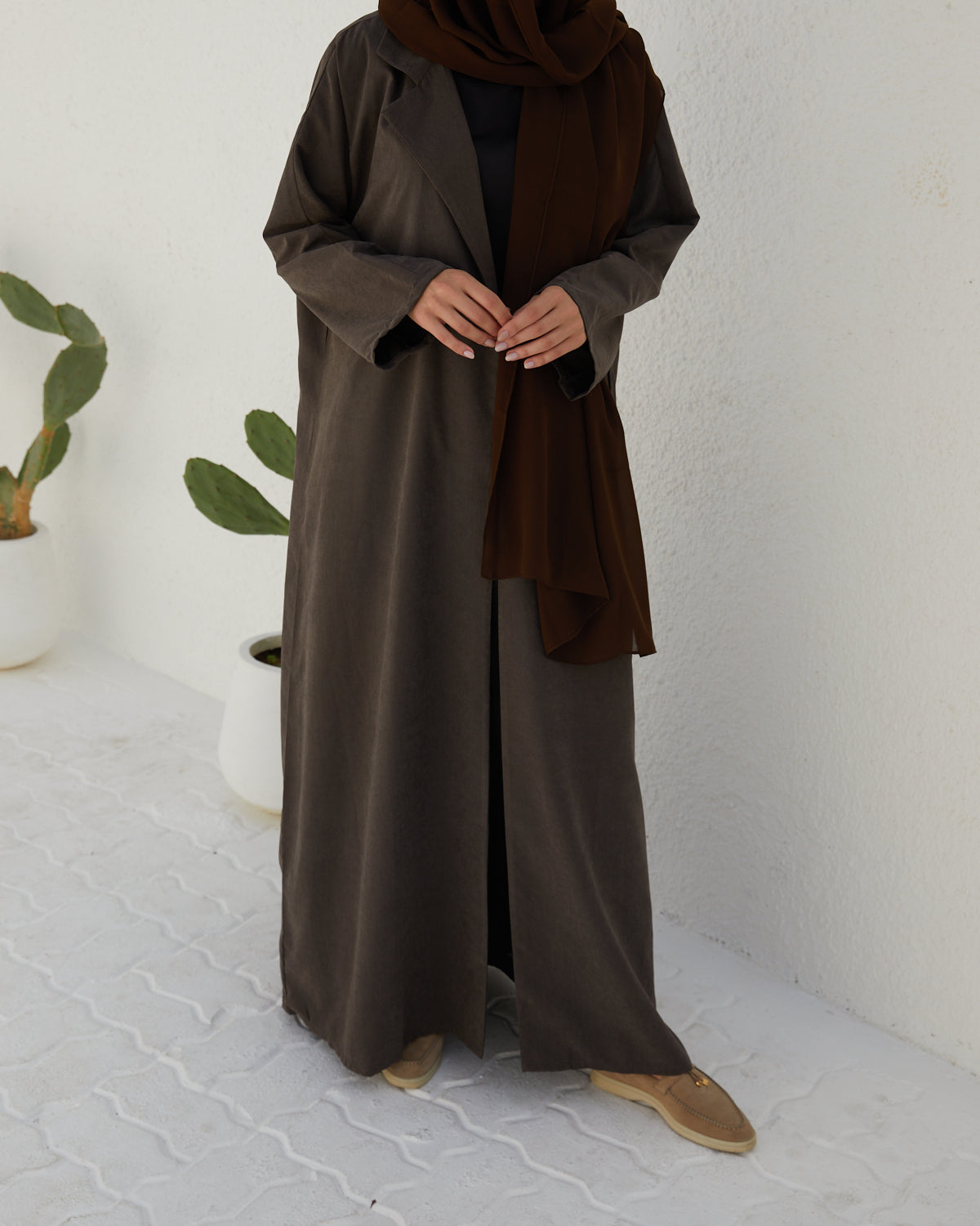 Basic 13 Thirteen Brown Soft Suede Abaya look 2 from the LATEST ONLINE DUBAI ABAYAS COLLECTION