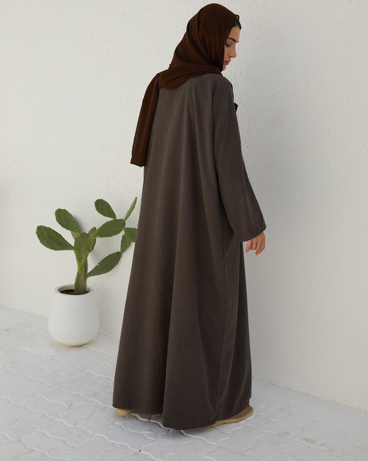 Basic 13 Thirteen Brown Soft Suede Abaya look 3 from the LATEST ONLINE DUBAI ABAYAS COLLECTION
