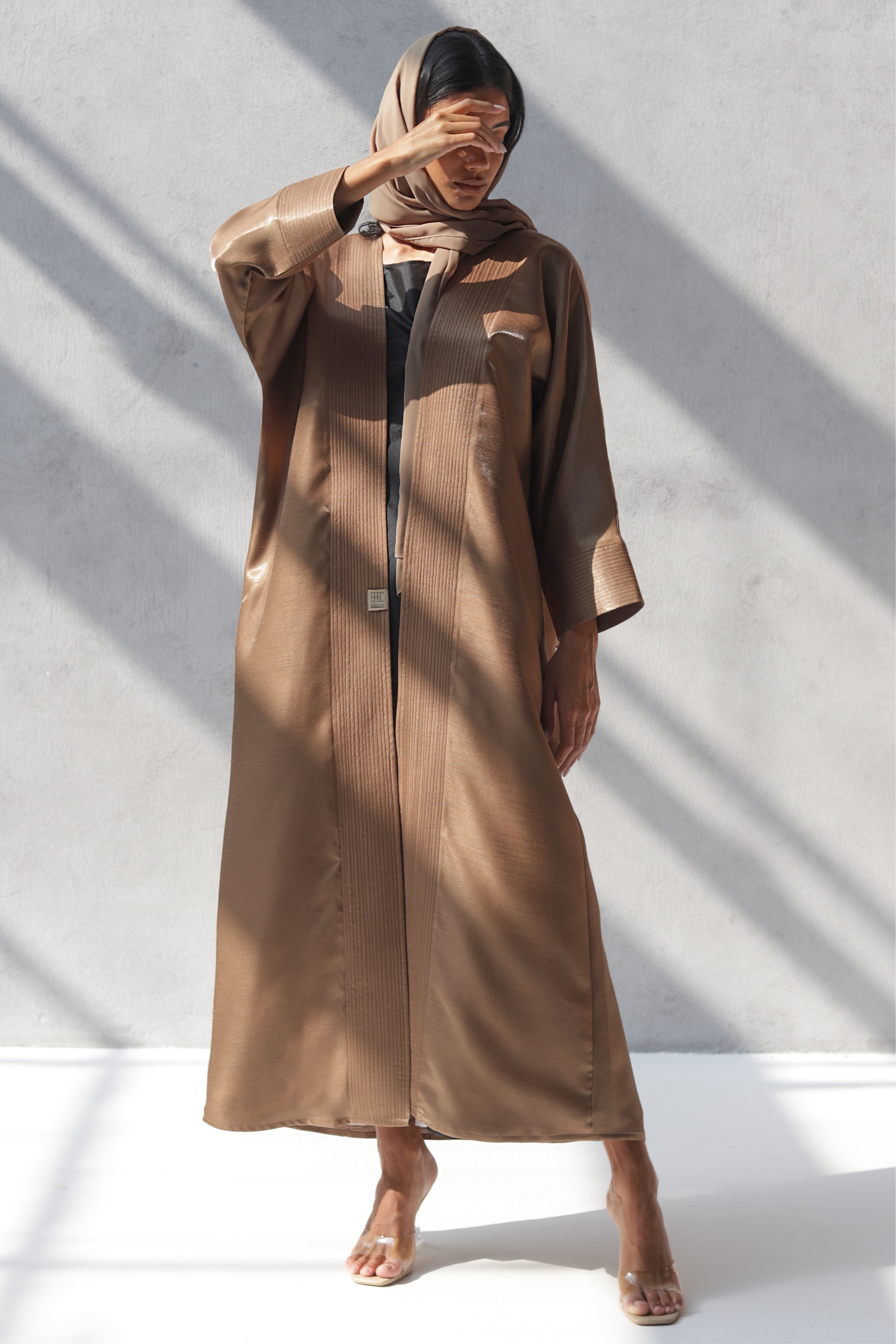 Basic 15 Fifteen Reflective Mixed Linen Brown Abaya Dress Look 2 By Dubai Abaya Collection