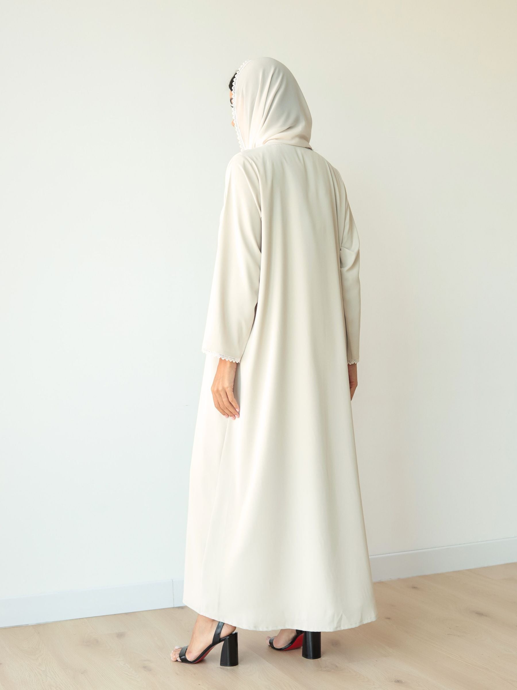 Basic Flowy Lace (Light Beige Abaya) - BasicAbaya