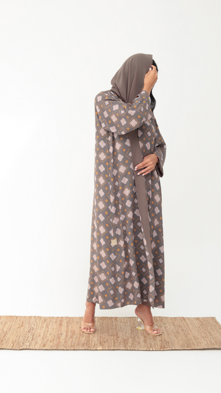 Basic Arabic Prints Reversible - Grey Abaya