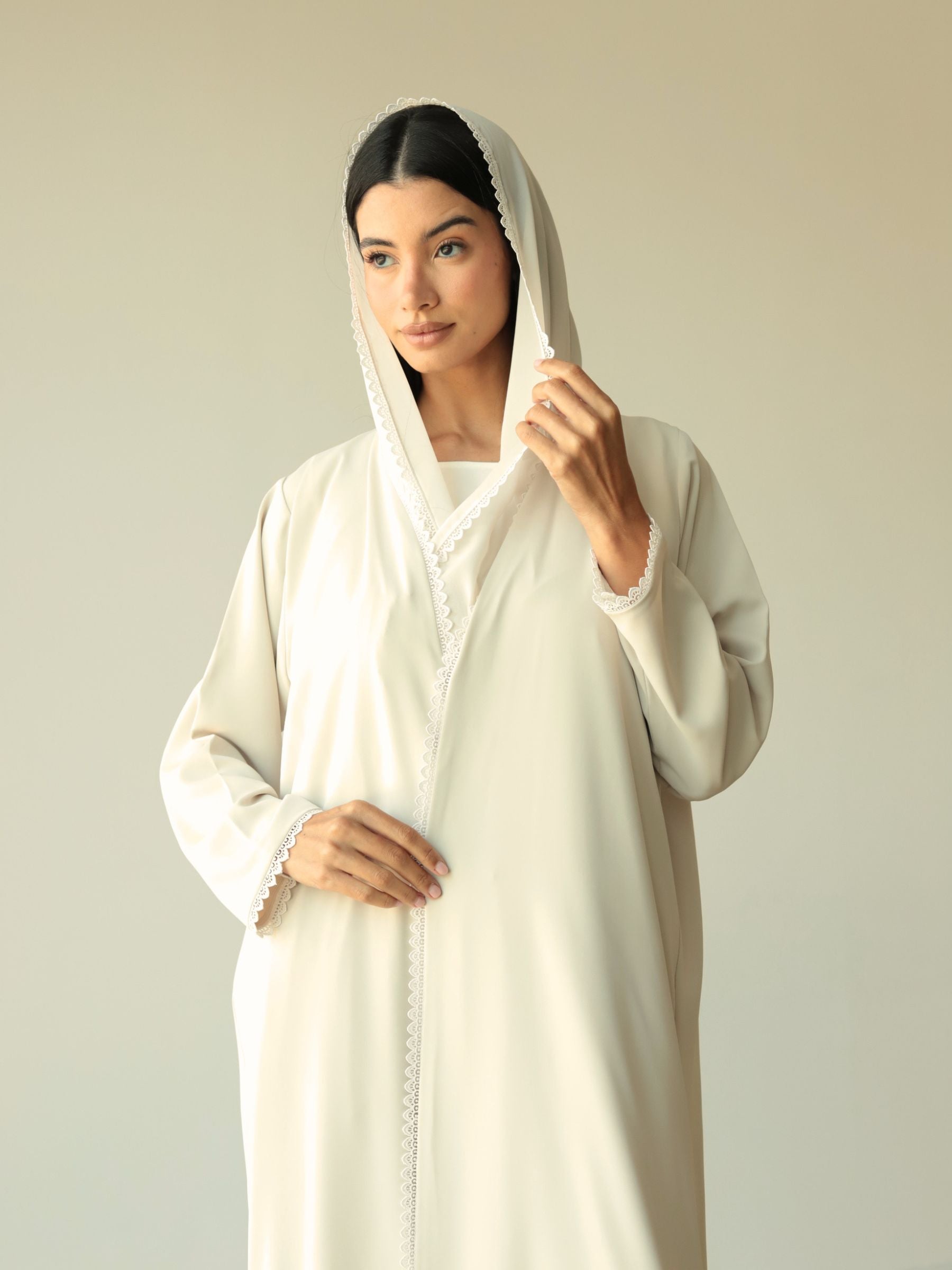 Basic Flowy Lace (Light Beige Abaya) - BasicAbaya