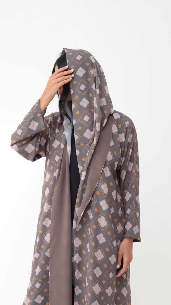 Basic Arabic Prints Reversible - Grey Abaya