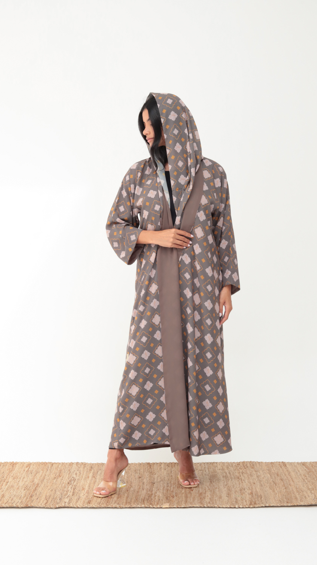 Basic Arabic Prints Reversible - Grey Abaya