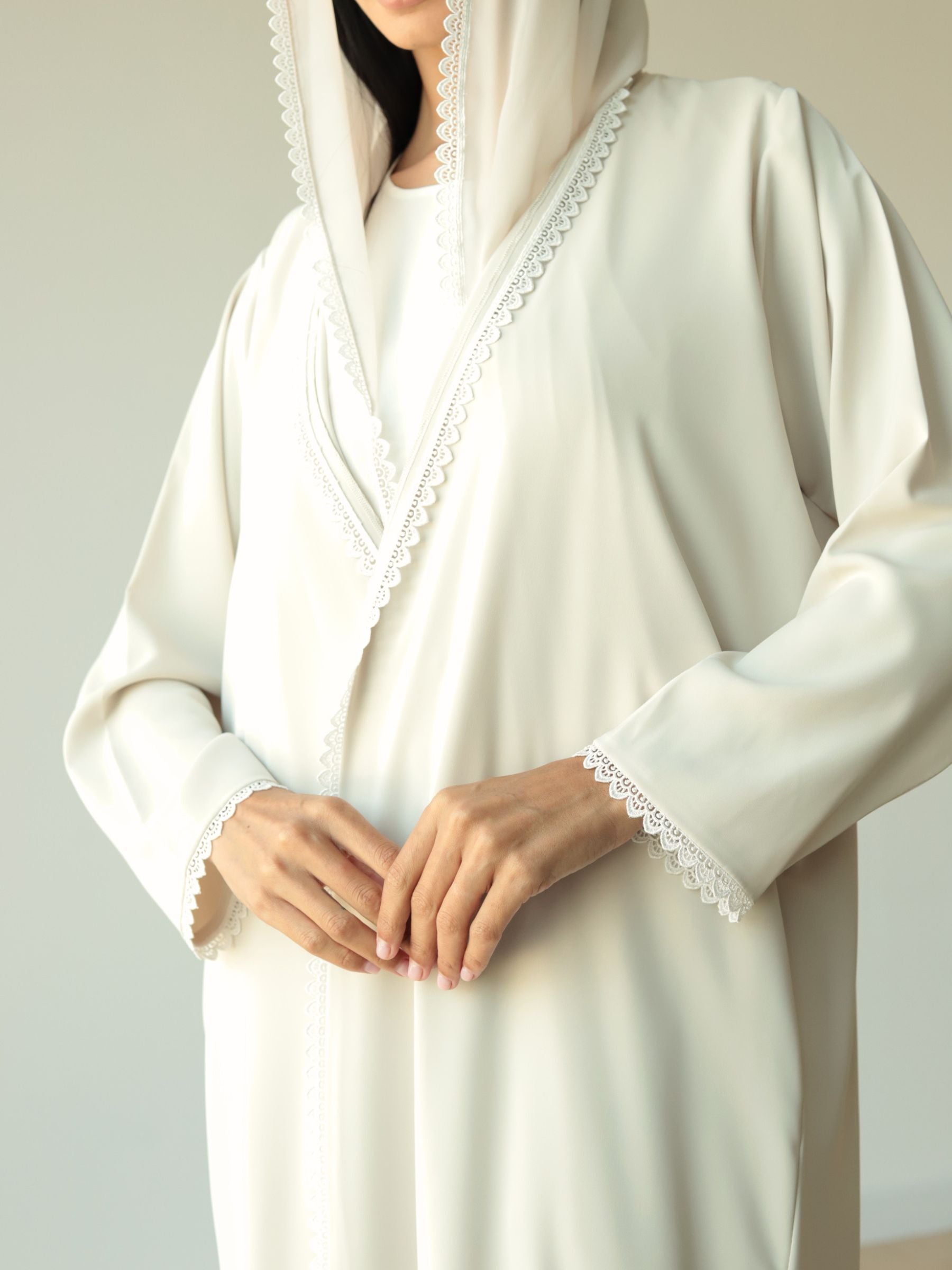 Basic Flowy Lace (Light Beige Abaya) - BasicAbaya