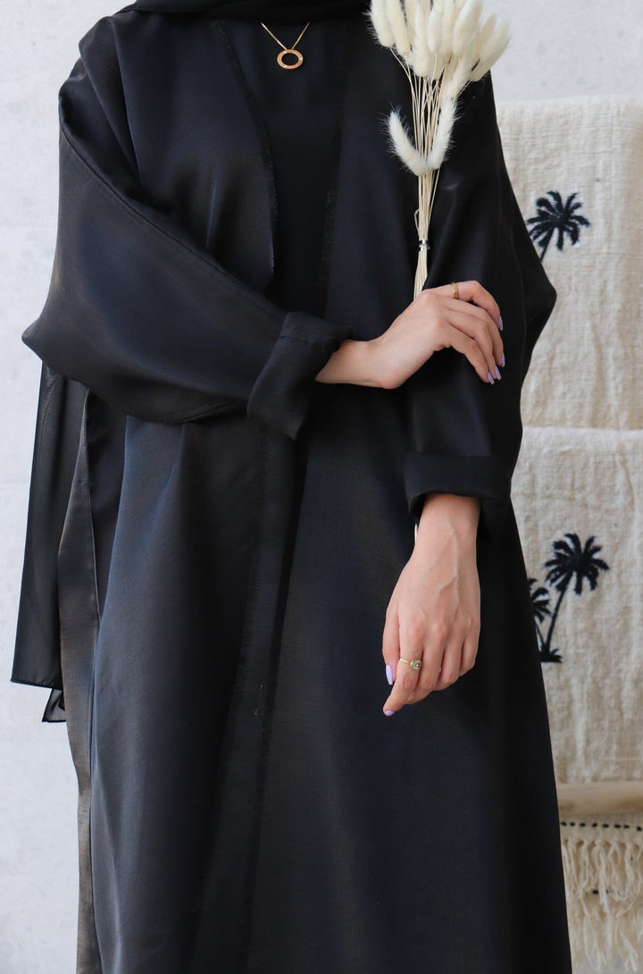 Basic 02 Two Black Shimmer mix linen Abaya ready to wear Close Front look By Basic Abaya Dubai