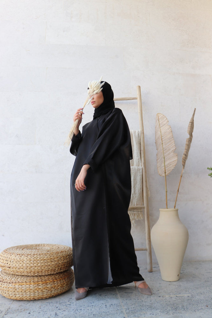 Basic 02 Two Black Shimmer mix linen Abaya ready to wear complete look By Basic Abaya Dubai