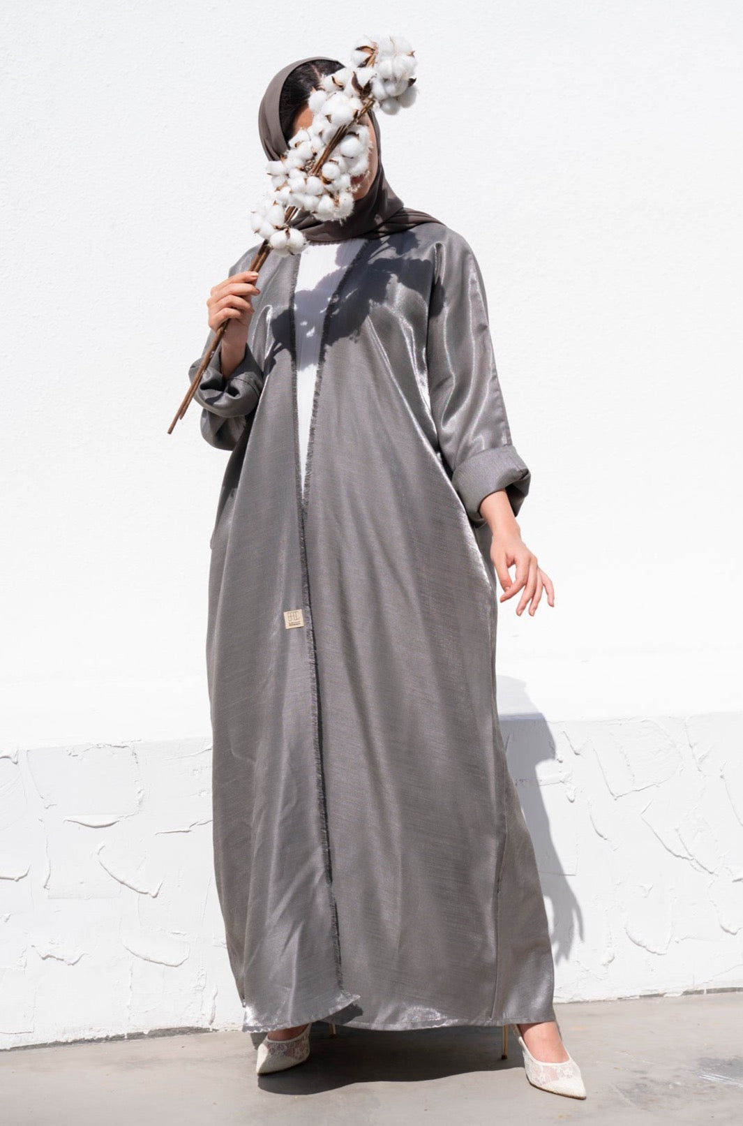 Basic 02 Two Grey Shimmer mix linen Abaya ready to wear complete look By Basic Abaya Dubai