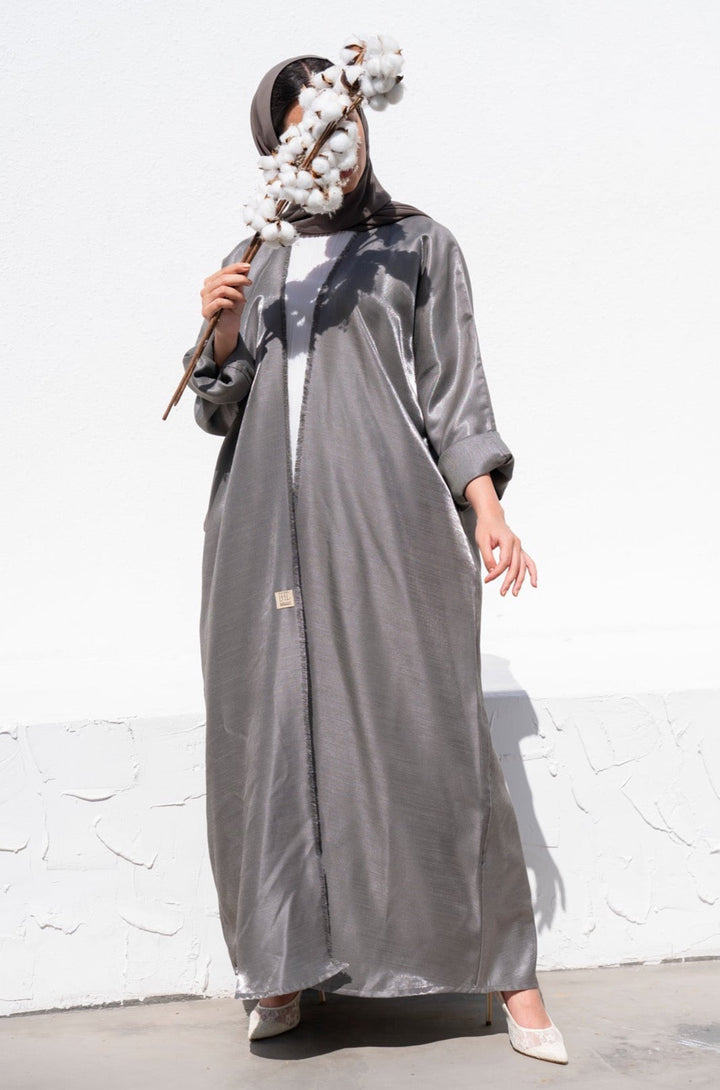 Basic 02 Two Grey Shimmer mix linen Abaya ready to wear complete look By Basic Abaya Dubai