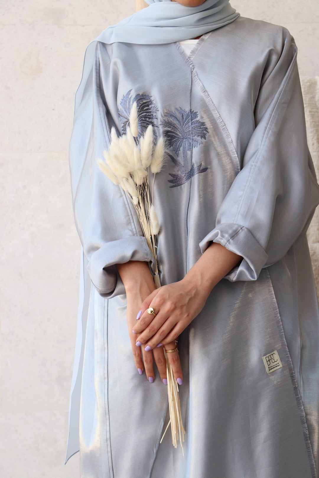 Basic 02 Two Sky Blue Shimmer mix linen Abaya ready to wear Front look By Basic Abaya Dubai