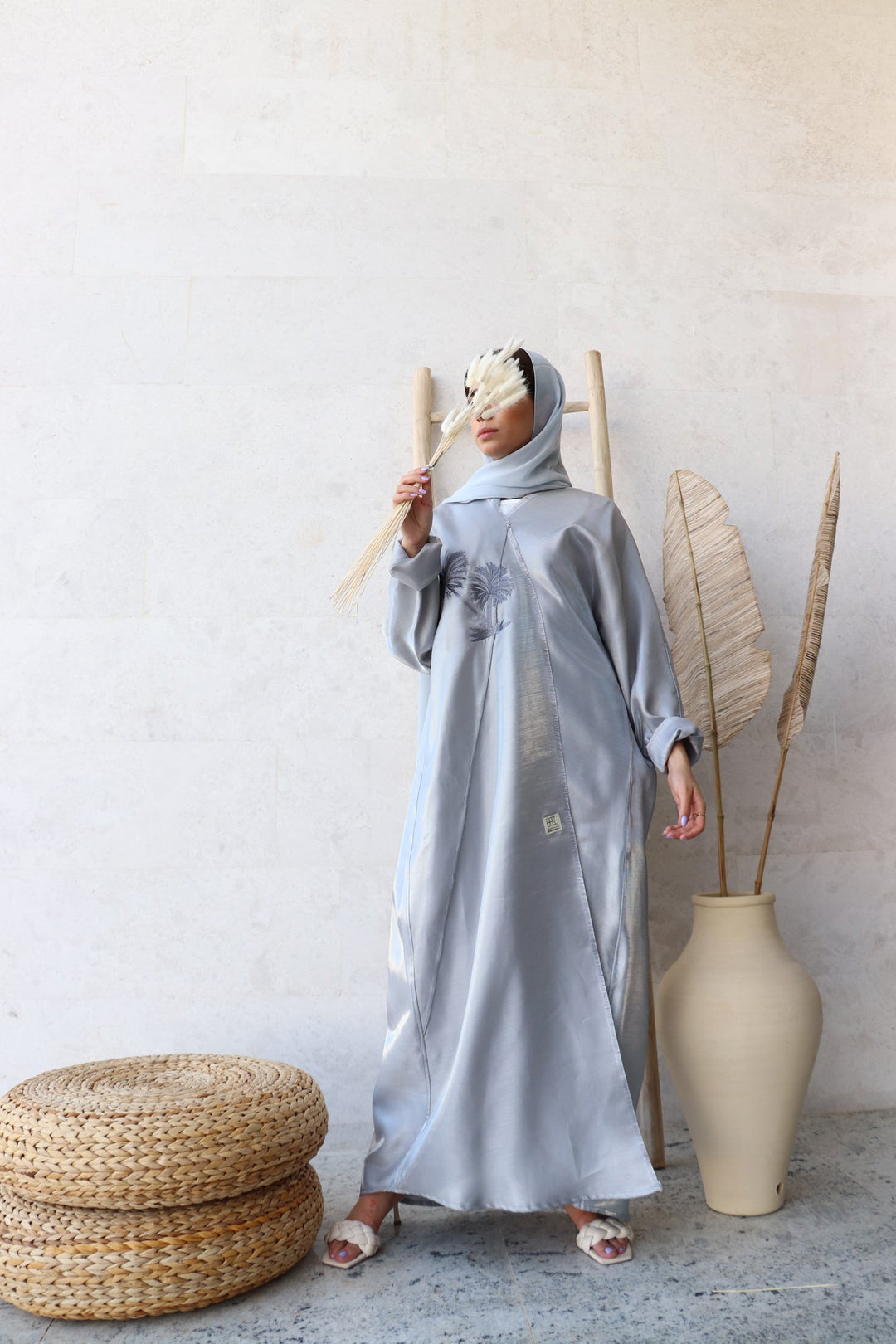 Basic 02 Two Sky Blue Shimmer mix linen Abaya ready to wear complete look By Basic Abaya Dubai