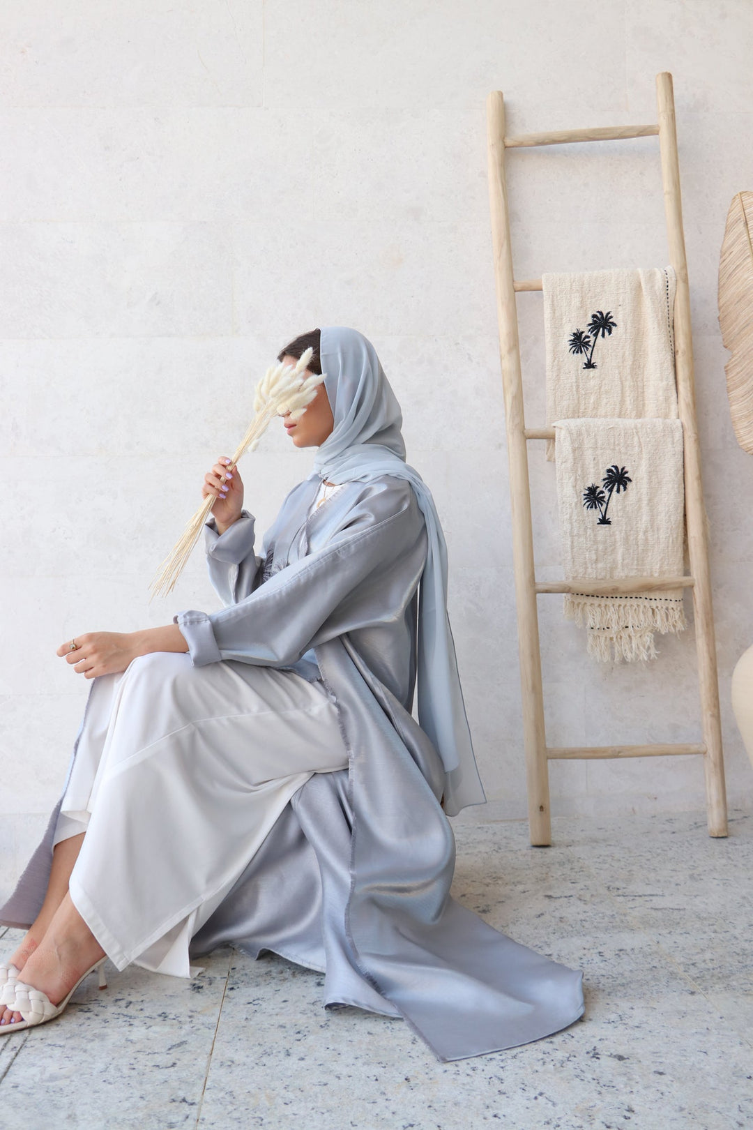 Basic 02 Two Sky Blue Shimmer mix linen Abaya ready to wear side look By Basic Abaya Dubai