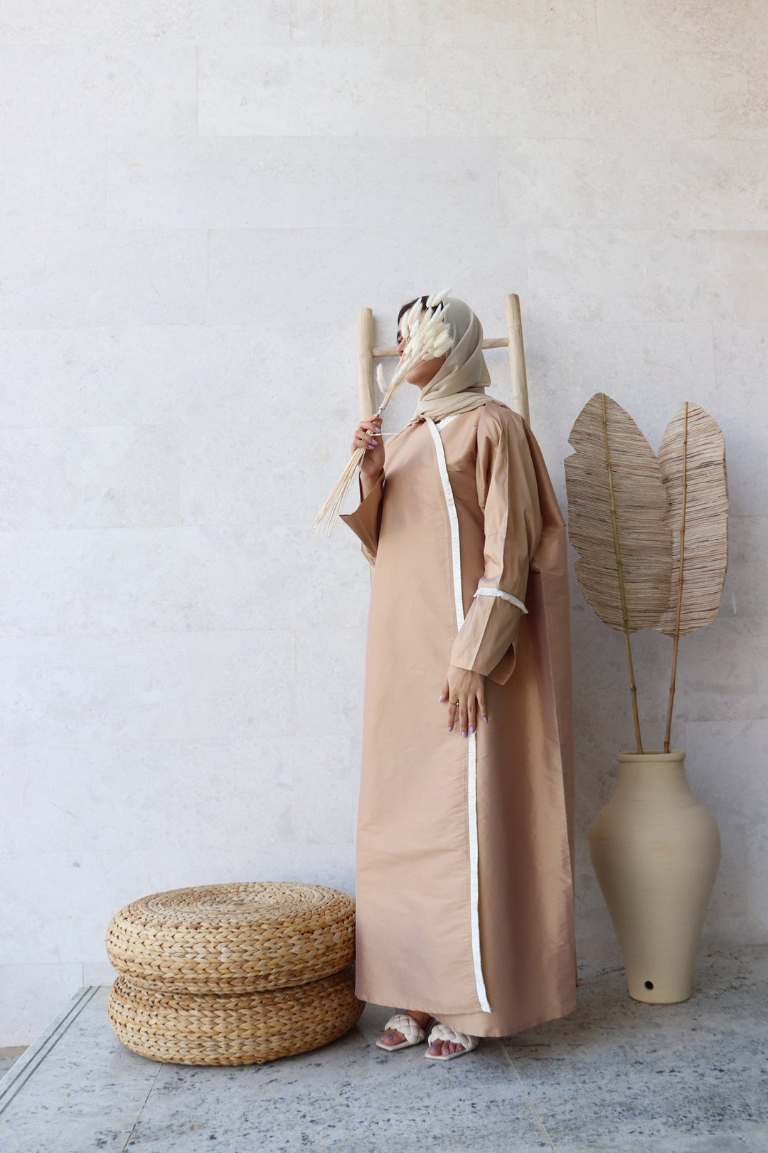 Basic 03 Three Beige Abaya with Fringe Lace ready to wear Design 1 by Basic Abaya Dubai
