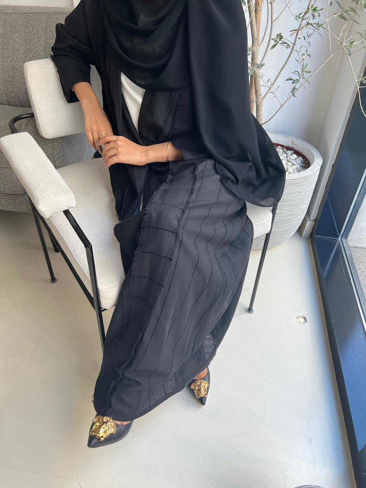 Basic 04 Four Black Stripped Linen Abaya ready to wear look 2 by BASIC ABAYA DUBAI