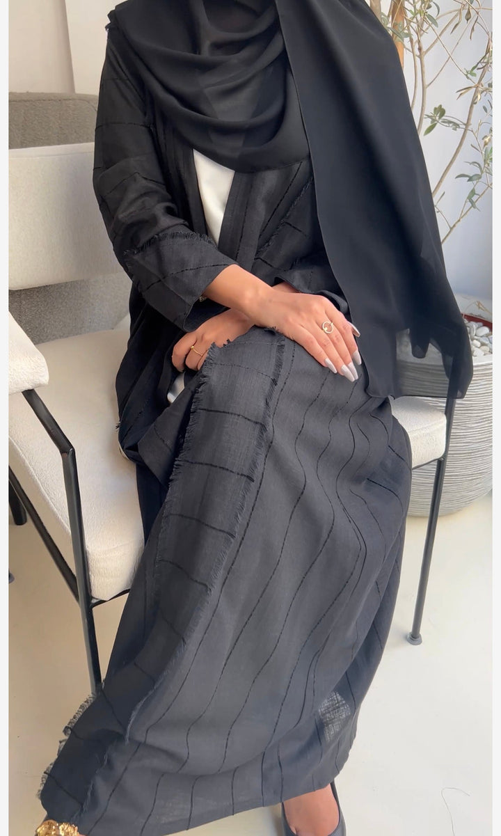 Basic 04 Four Black Stripped Linen Abaya ready to wear look 3 by BASIC ABAYA DUBAI