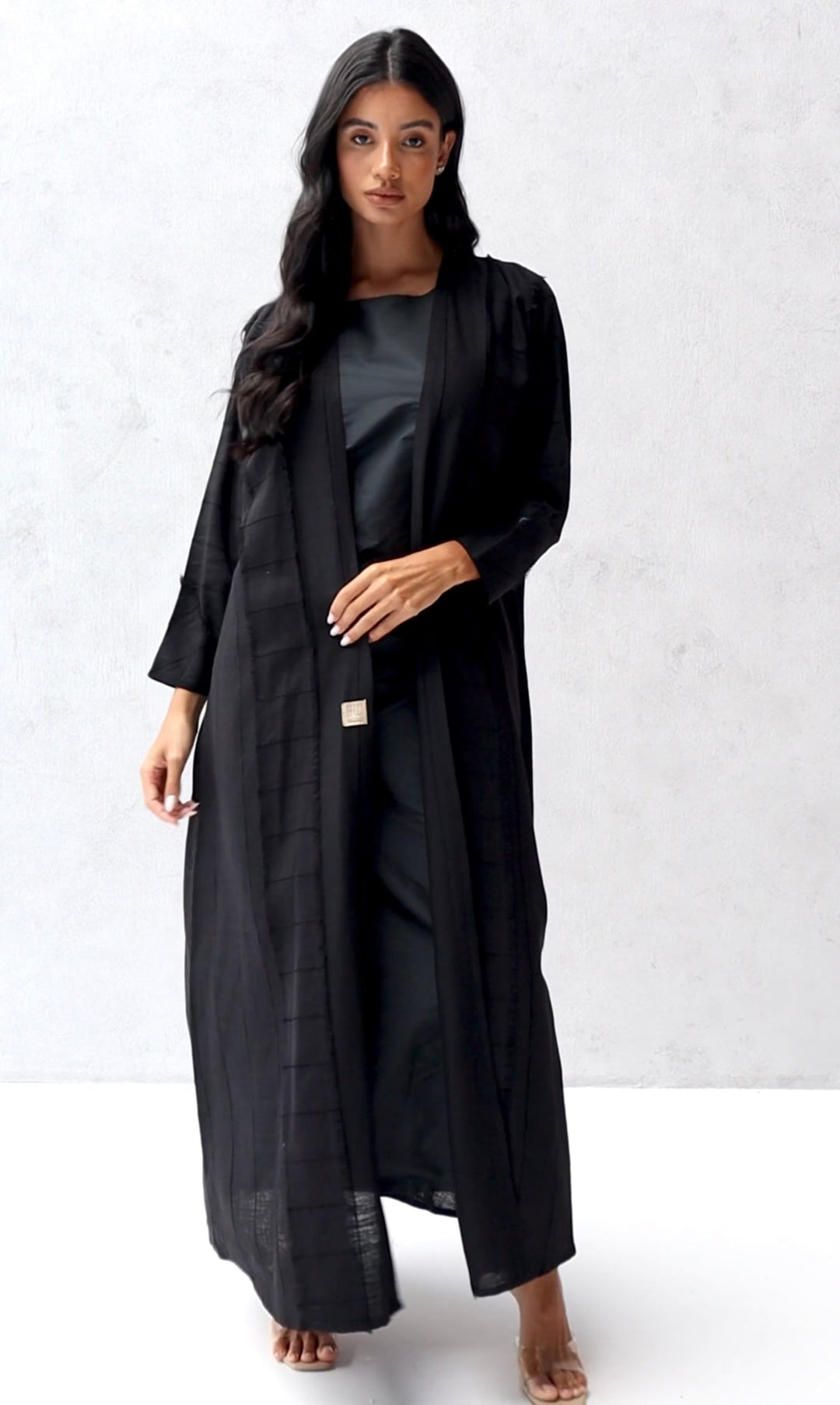 Basic 04 Four Black Stripped Linen Abaya ready to wear look 4 by BASIC ABAYA DUBAI