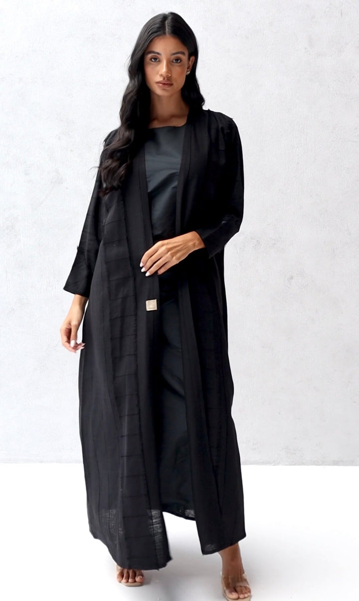 Basic 04 Four Black Stripped Linen Abaya ready to wear look 4 by BASIC ABAYA DUBAI