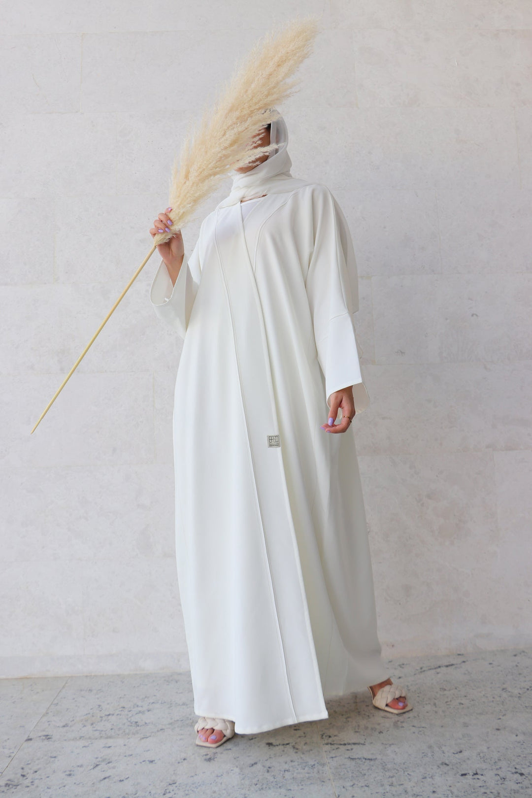 Basic 05 Five White Crepe Abaya ready to wear design look 1 by BASIC ABAYA DUBAI