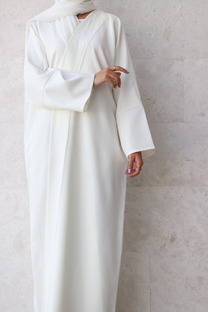 Basic 05 Five White Crepe Abaya ready to wear design look 2 by BASIC ABAYA DUBAI