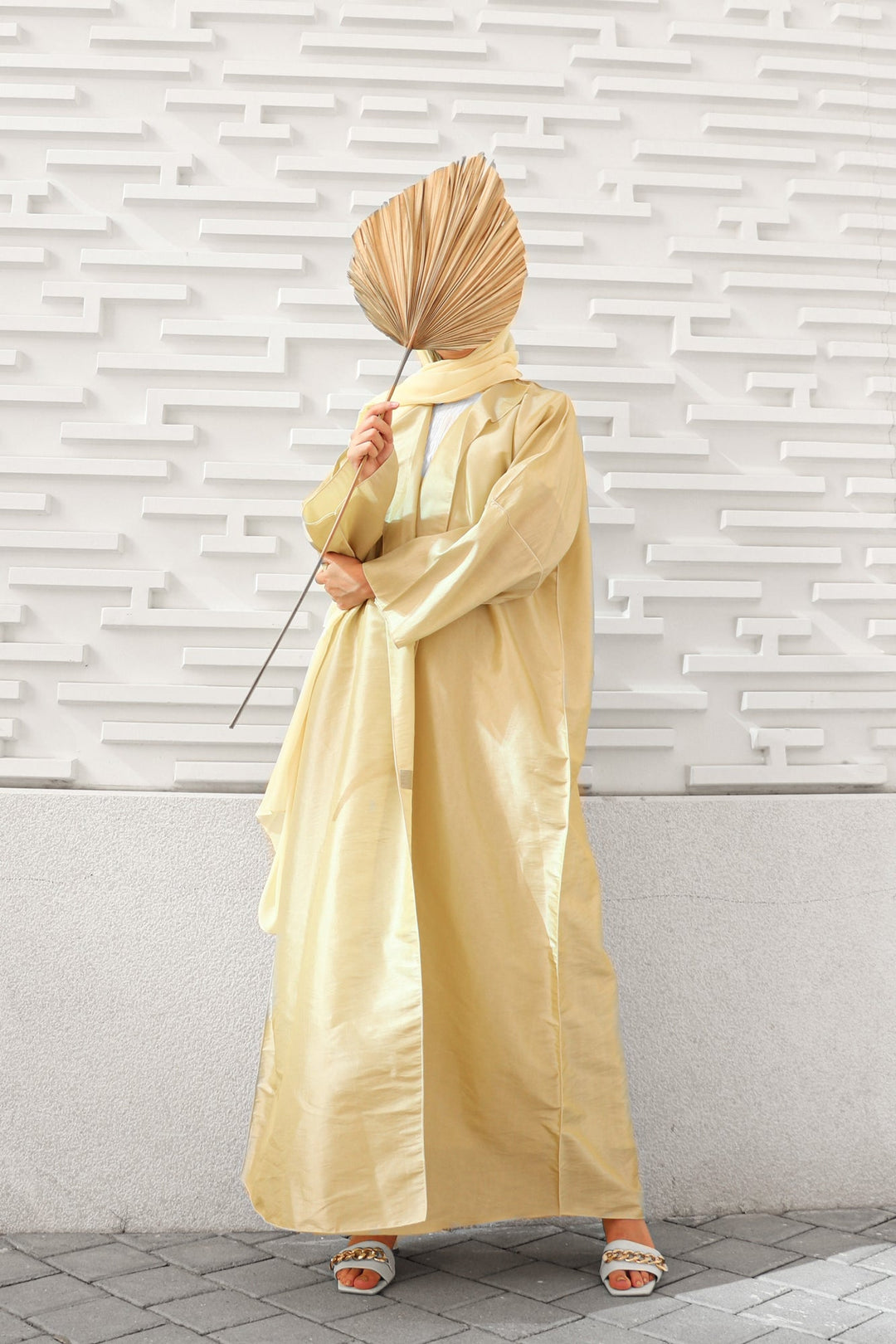 Basic 06 Six Yellow Tafetta Abaya ready to wear design look 1 by BASIC ABAYA DUBAI