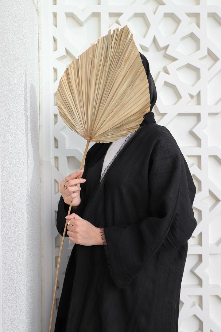 Basic 07 Seven Black Crush Linen Abaya ready to wear design look 2 by BASIC ABAYA DUBAI