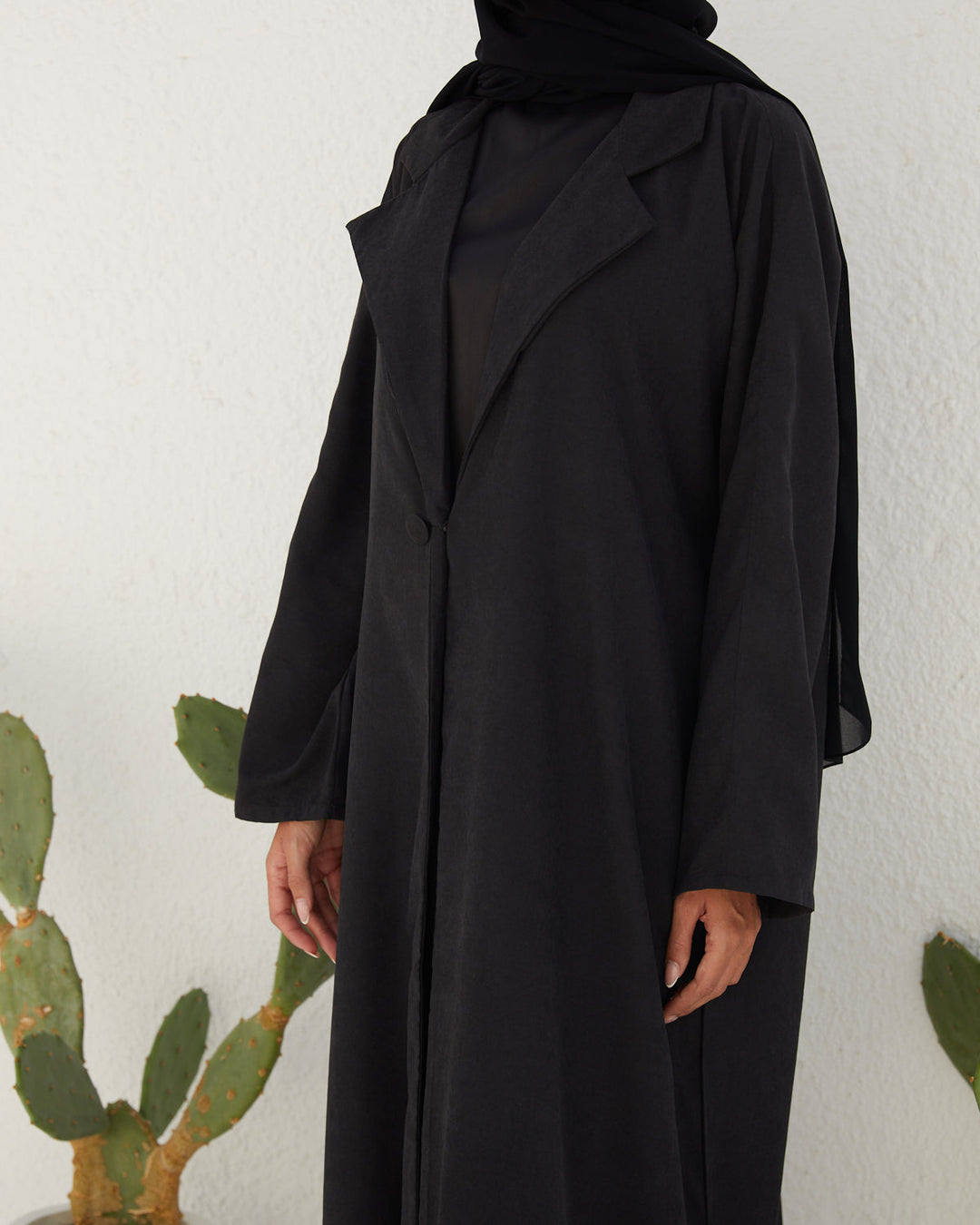 Basic 13 Thirteen Black Soft Suede Abaya ready to wear look 1 from the LATEST ONLINE DUBAI ABAYAS COLLECTION