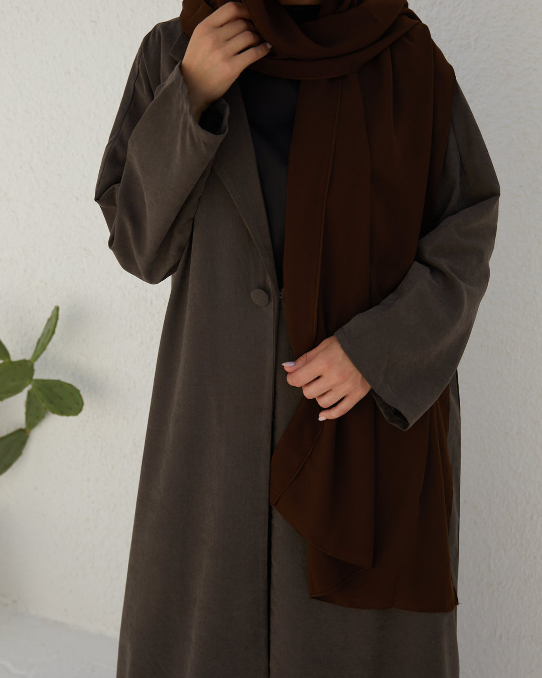 Basic 13 Thirteen Brown  Soft Suede Abaya Ready to Wear look 1 from the LATEST ONLINE DUBAI ABAYAS COLLECTION