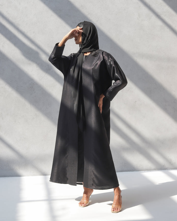 Basic 15 Fifteen Reflective Mixed Linen Black Abaya Ready to Wear Look 1 by Dubai Abaya Collection