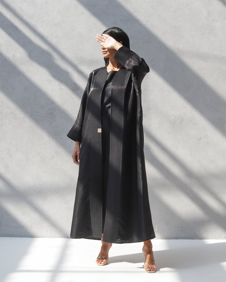 Basic 15 Fifteen Reflective Mixed Linen Black Abaya Ready to Wear Look 2 by Dubai Abaya Collection