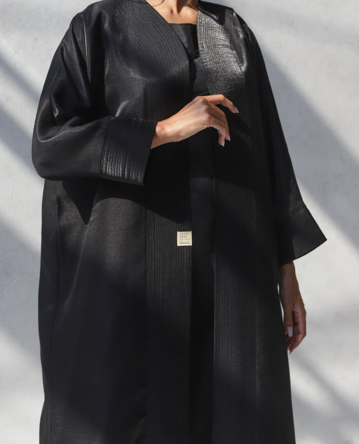 Basic 15 Fifteen Reflective Mixed Linen Black Abaya Ready to Wear Look 3 by Dubai Abaya Collection