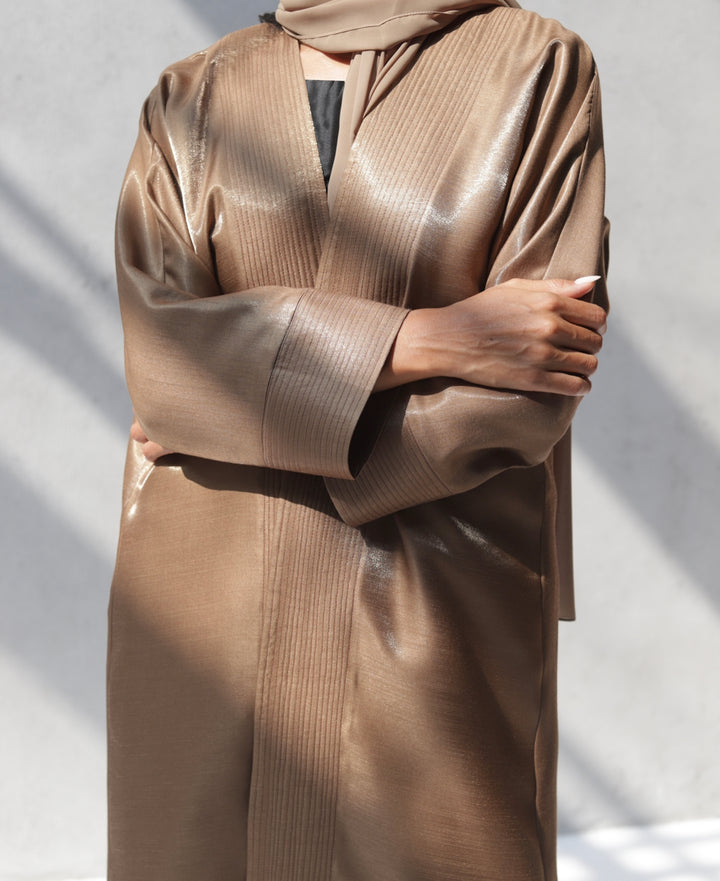 Basic 15 Fifteen Reflective Mixed Linen Brown Abaya Dress Look 3 By Dubai Abaya Collection