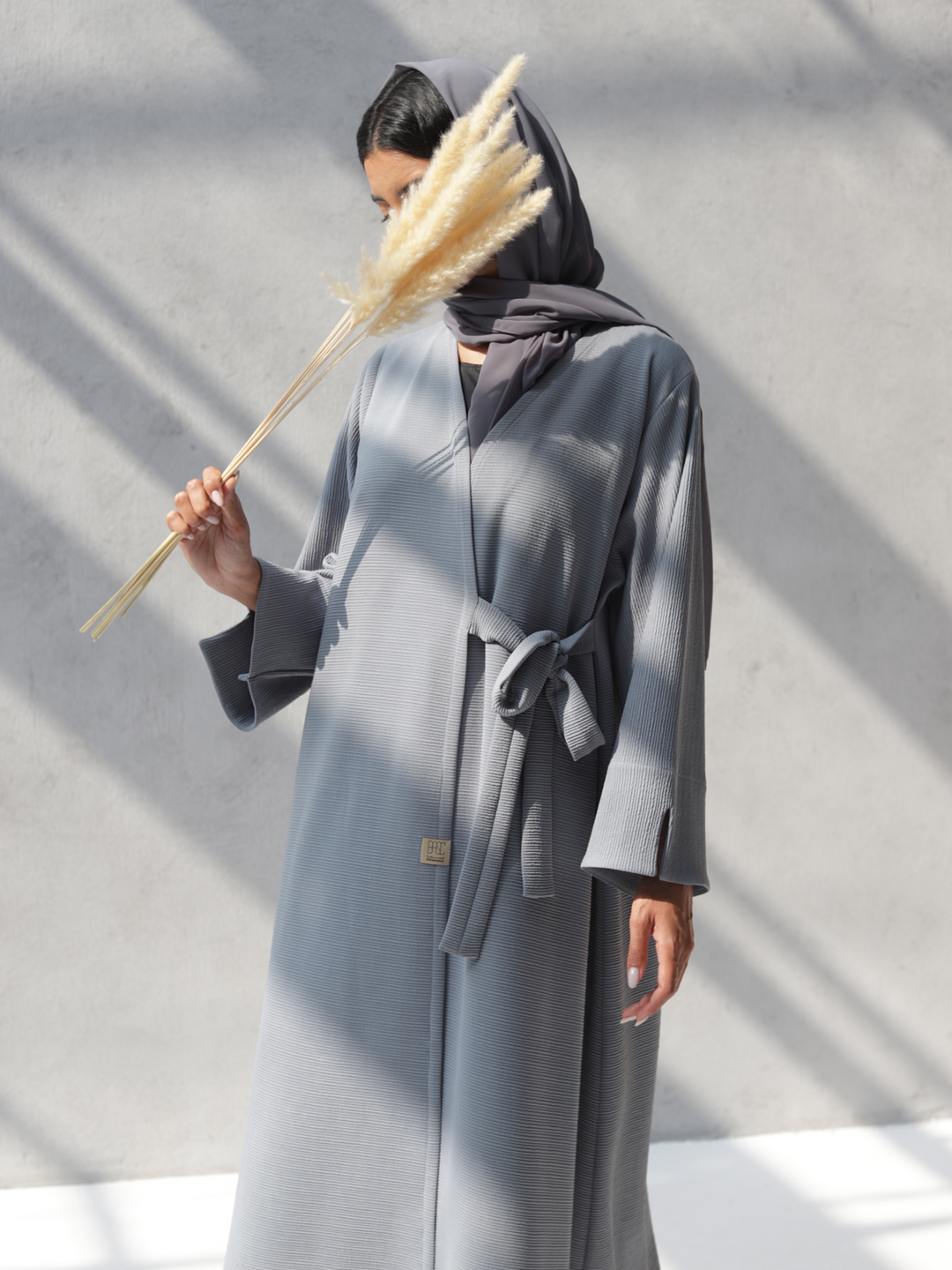 Basic 16 Sixteen Strip Stretch Crepe Grey Abaya Dress Ready to Wear Look 1 By Dubai Abaya Collection