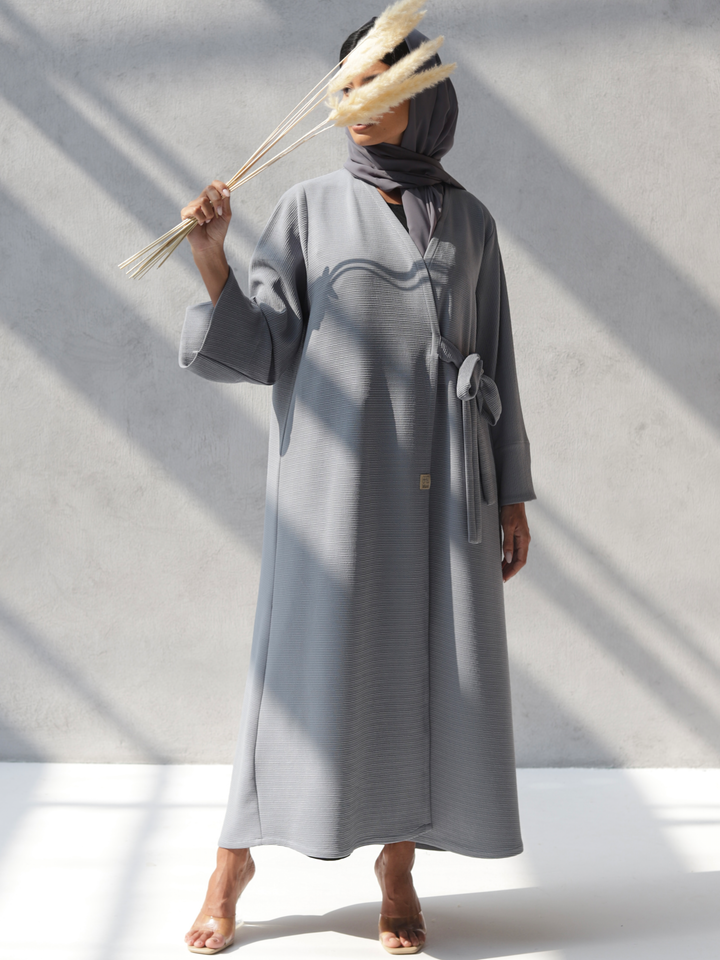 Basic 16 Sixteen Strip Stretch Crepe Grey Abaya Dress Ready to Wear Look 2 By Dubai Abaya Collection